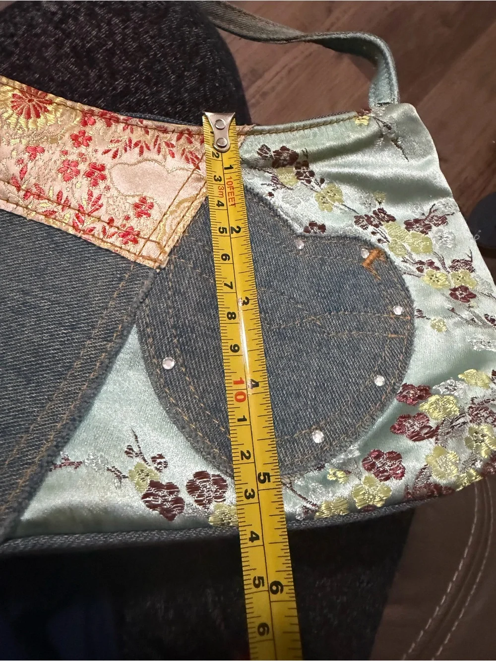 Patchwork Heart Denim Bag in Sage Green and gold accent colors.